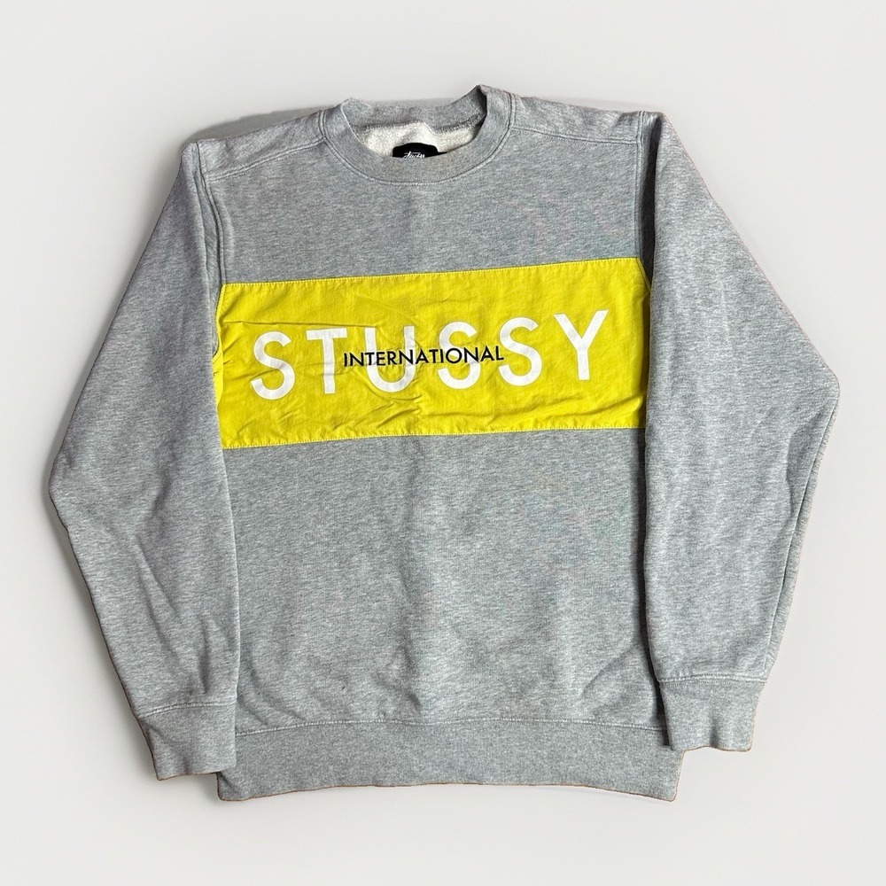 Stussy Crewneck Sweatshirt Mens Small Gray International Spellout Y2K Streetwear